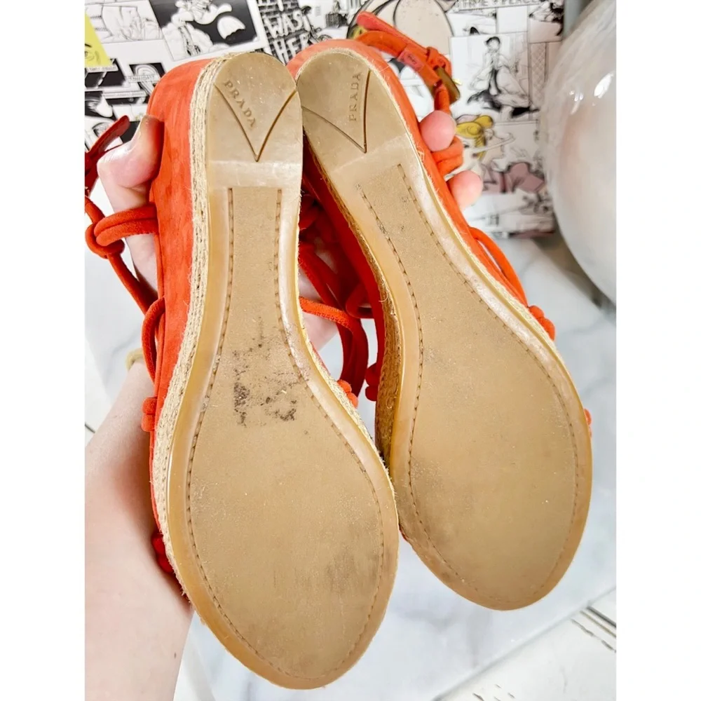 Prada Orange Suede Strappy Wedge Sandals